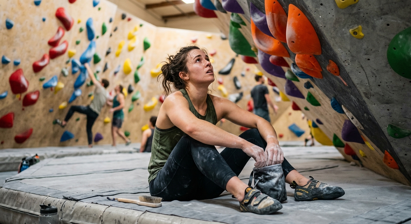 Climber sitting at the base of a bouldering wall, frustrated